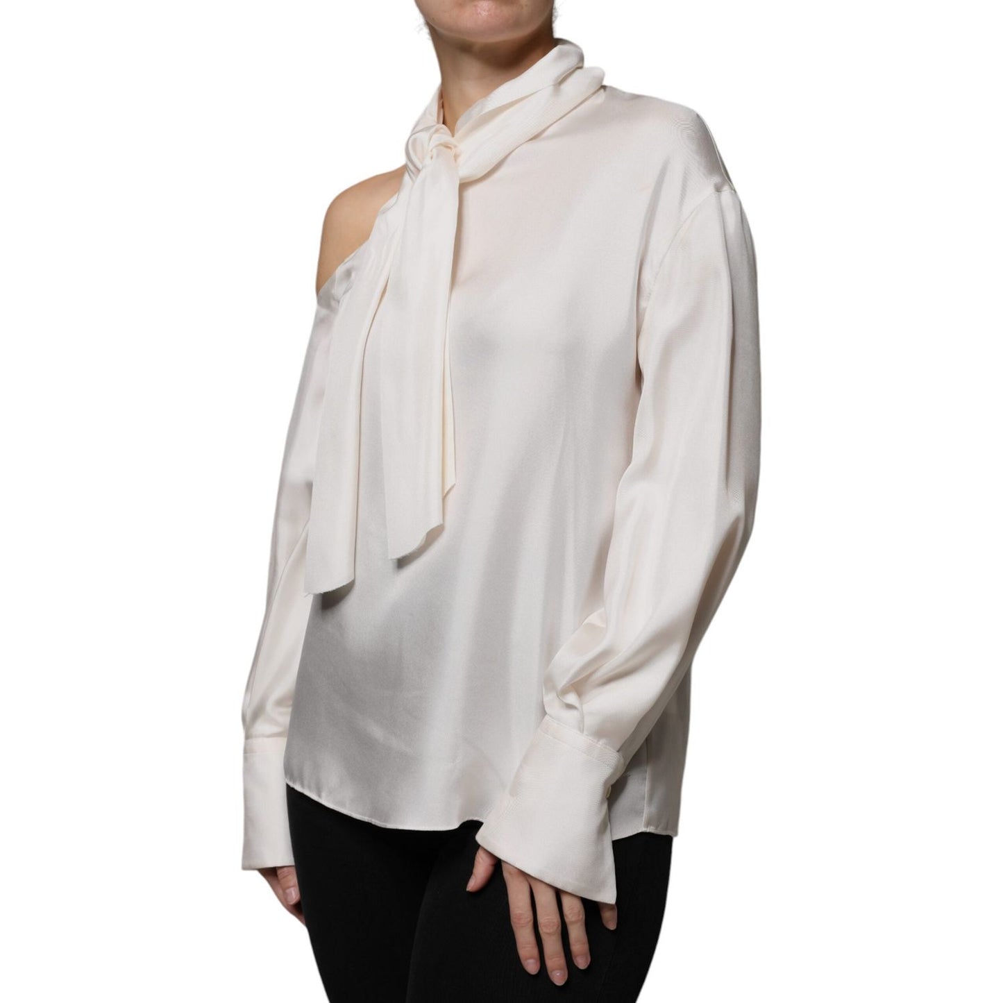 Brunello Cucinelli Beige Silk Ascot Collared Long Sleeves Top Brunello Cucinelli Gray