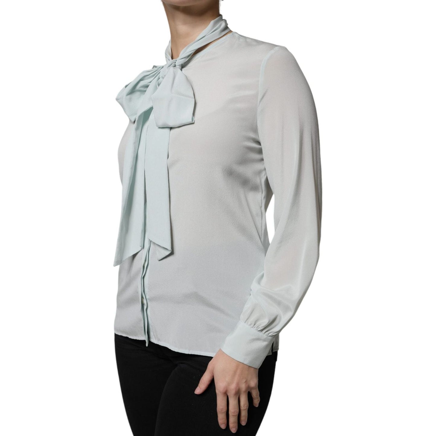 Ballantyne Light Blue Silk Ascot Collared Long Sleeves Top Ballantyne Gray