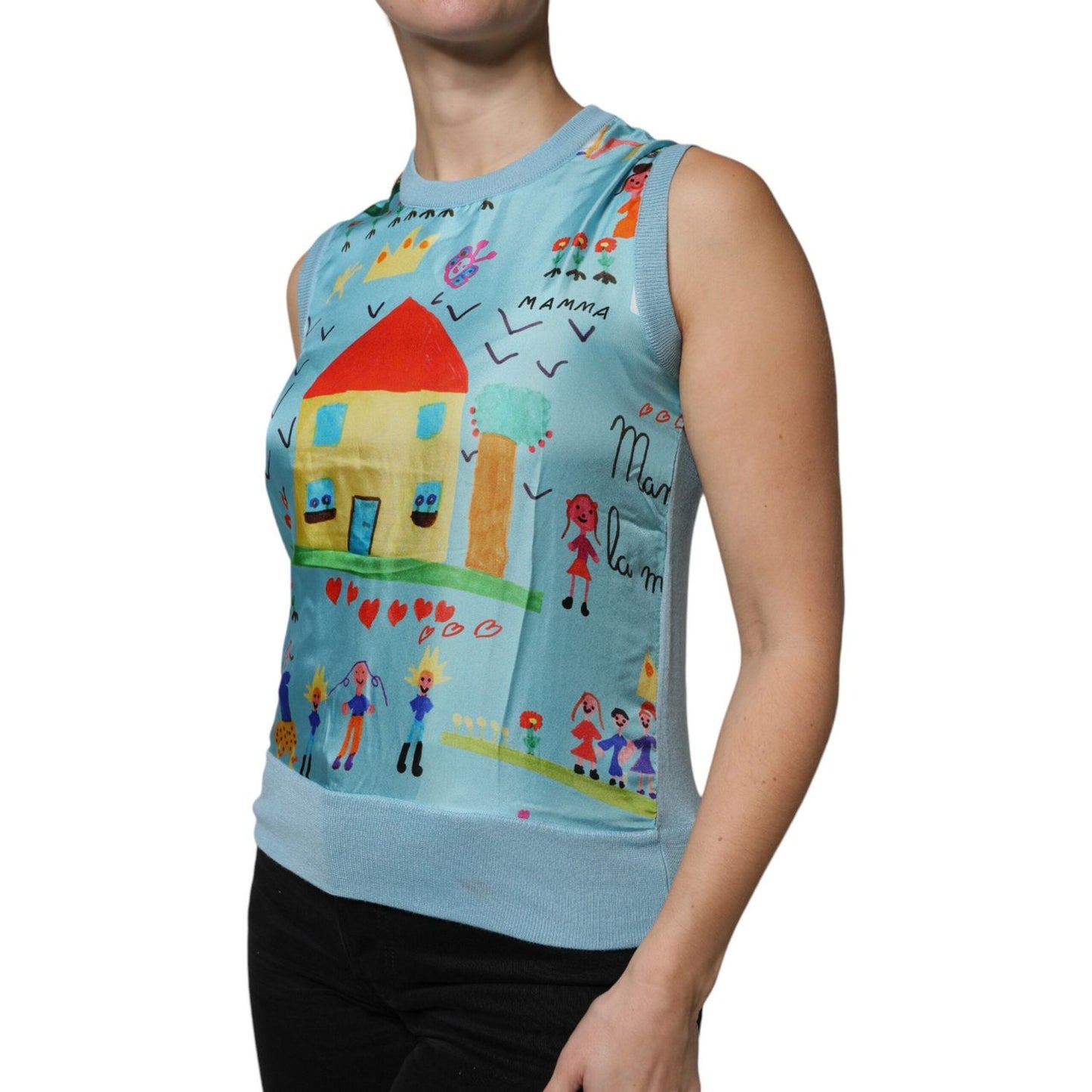 Dolce & Gabbana Blue Drawing Cashmere Sleeveless Tank Top Dolce & Gabbana Light Slate Gray