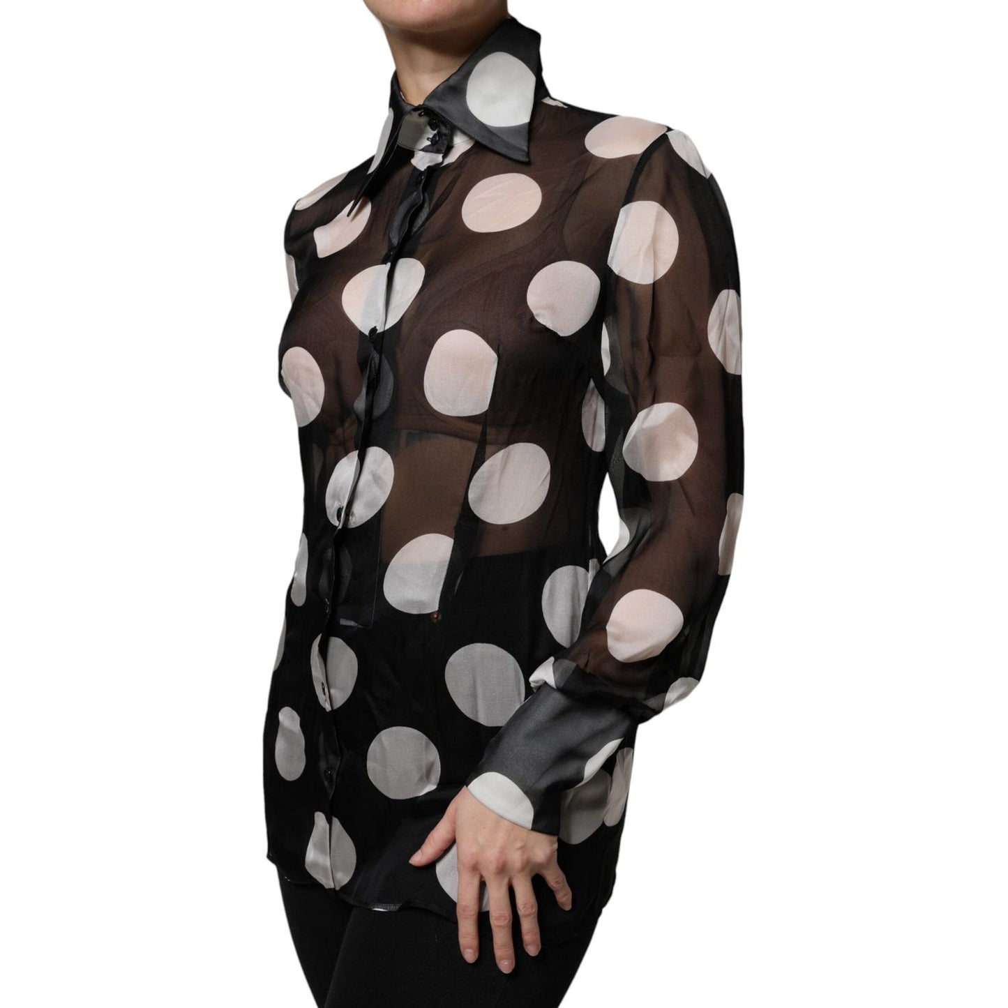 Dolce & Gabbana Black White Polka Dots Silk Long Sleeves Top Dolce & Gabbana Black