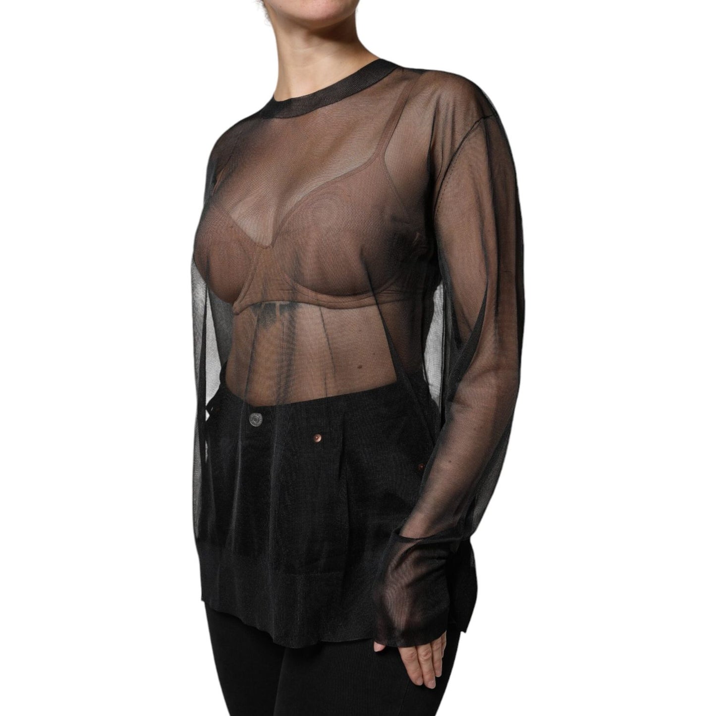 Dolce & Gabbana Black Sheer Long Sleeves Crewneck Blouse Top Dolce & Gabbana Black