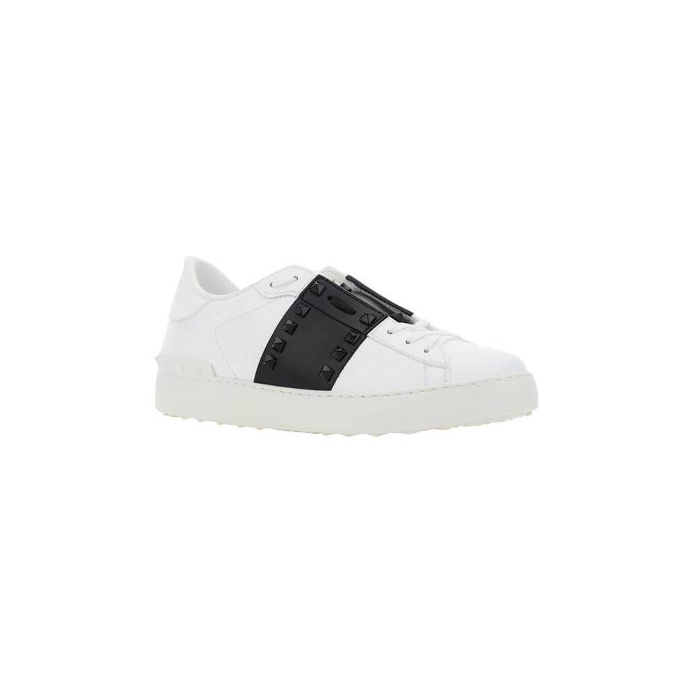 Valentino Garavani Rockstud Open Sneakers, white leather with black studded band, slip-on style, elegant and modern design.