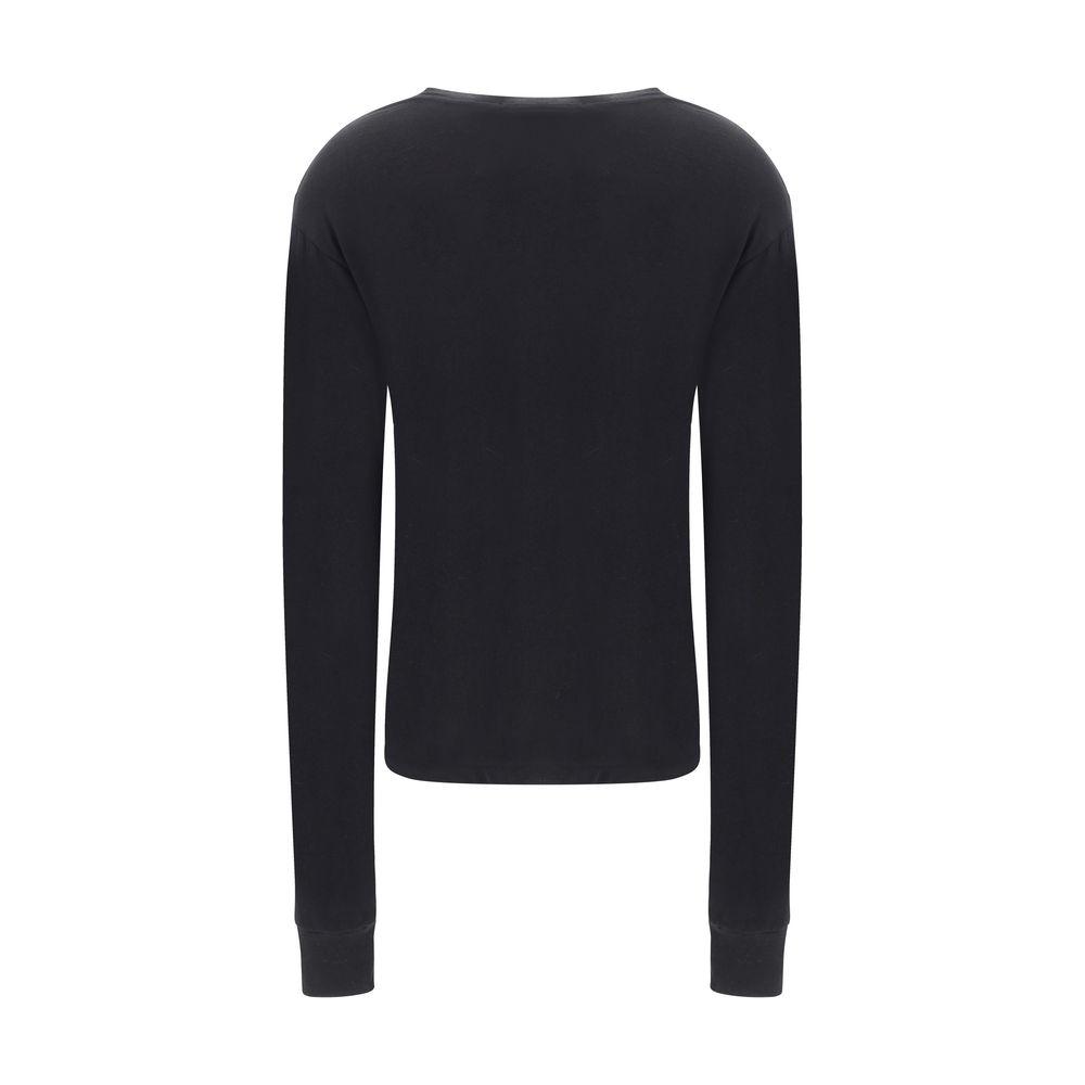 Back view of Éterne Boyfriend Long Sleeve Jersey in black with ribbed crew neck and cuffs, featuring monochrome pattern and regular fit.
