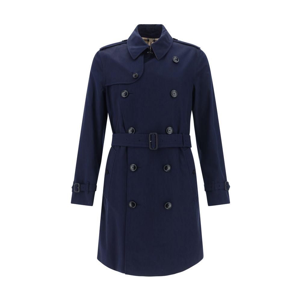 Burberry Kensington Coat in navy blue with classic collar, double-breasted button closure, removable waistband, welt pockets, and back slit.