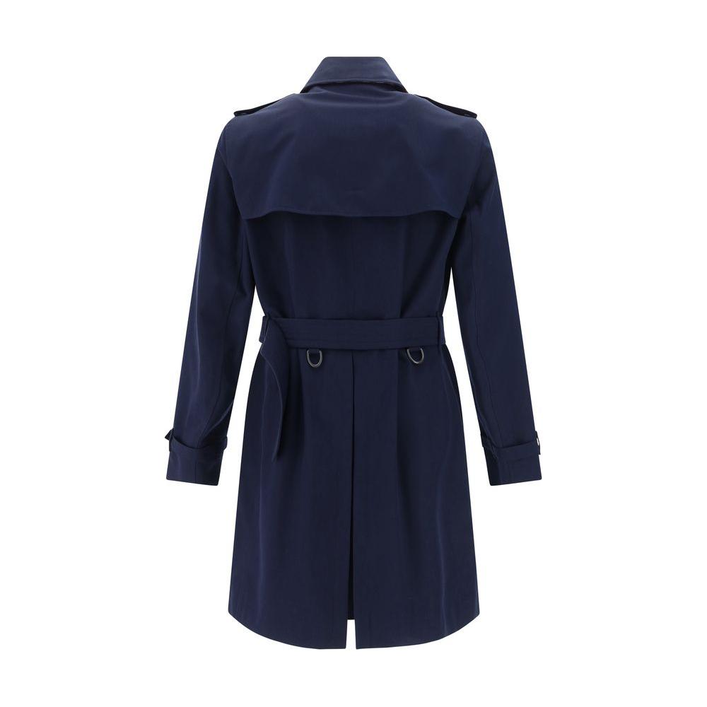 Back view of Burberry Kensington Coat in navy, featuring a classic collar, adjustable waistband, and back slit.