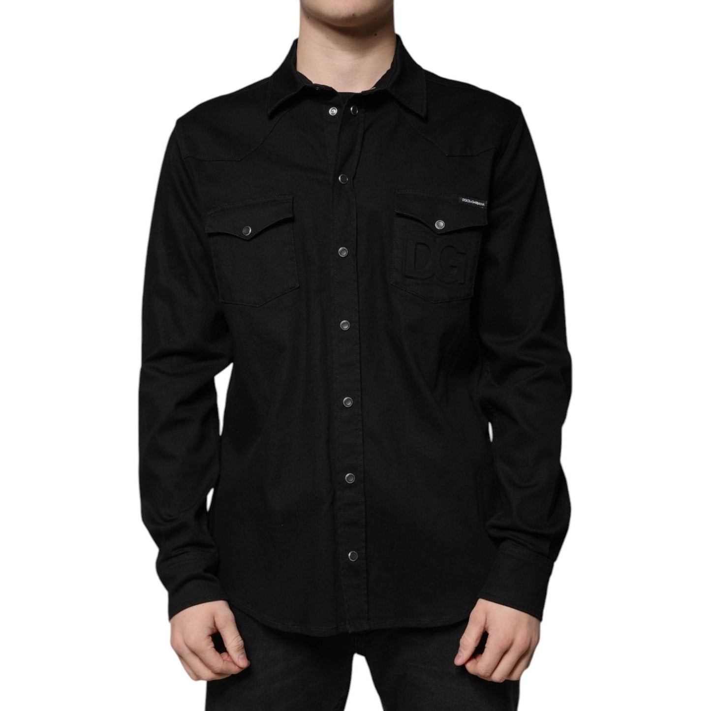 Dolce & Gabbana black cotton button down shirt with collared neck and long sleeves.