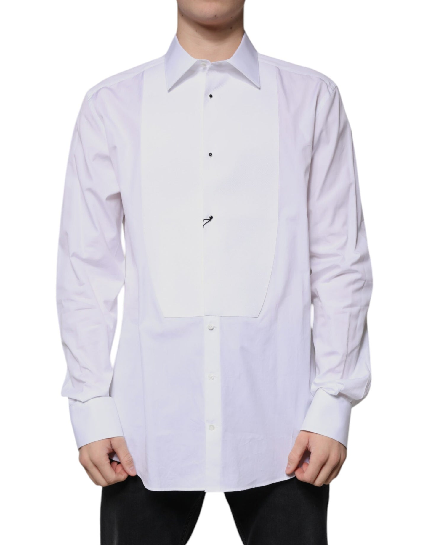 Dolce & Gabbana White Bib Cotton Poplin GOLD Formal Shirt Dolce & Gabbana Light Gray