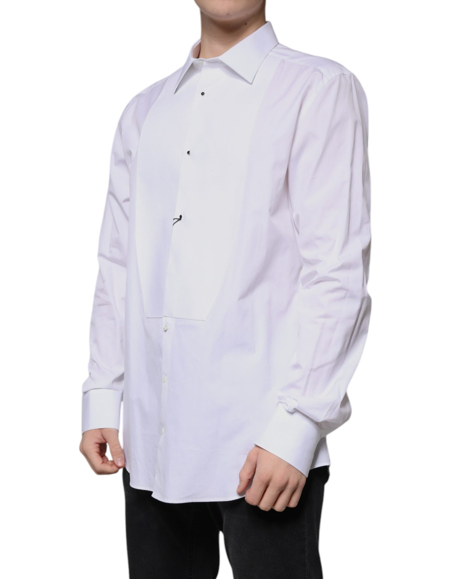 Dolce & Gabbana White Bib Cotton Poplin GOLD Formal Shirt Dolce & Gabbana Light Gray
