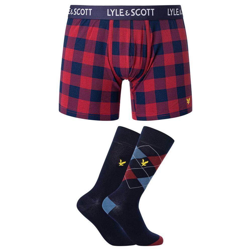 Lyle & Scott Bordeaux men's boxer and socks set in plaid pattern, cotton elastane blend, Fall/Winter collection.