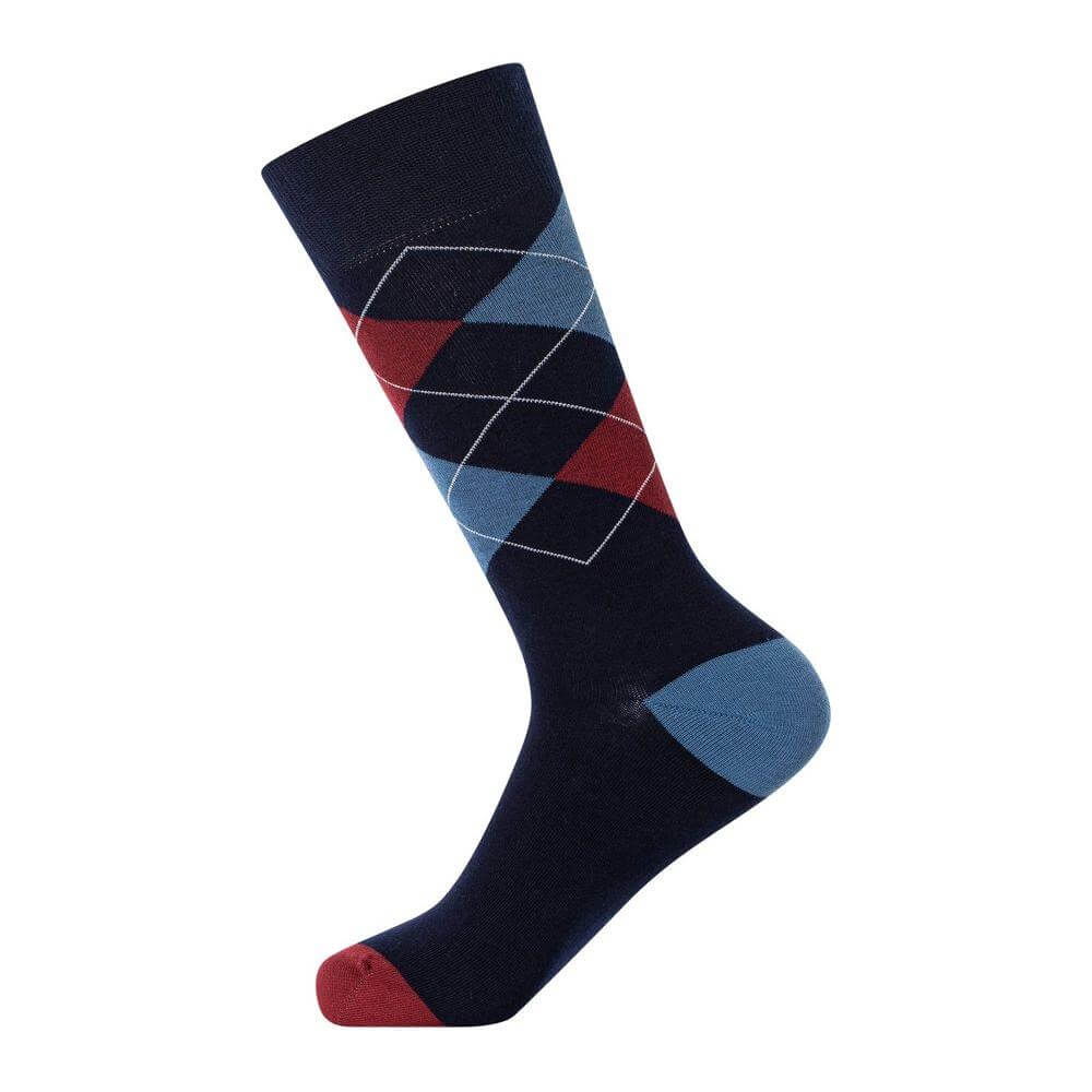 Argyle patterned sock in navy, red, and blue with diamond design, suited for casual wear and professional attire.