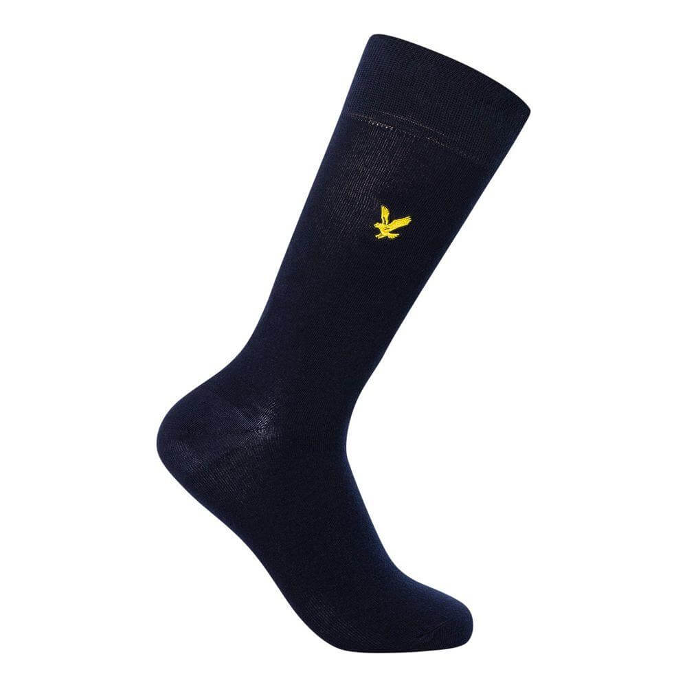 Navy sock with yellow embroidered logo, Lyle & Scott brand, fall/winter collection. Perfect blend of style and comfort.