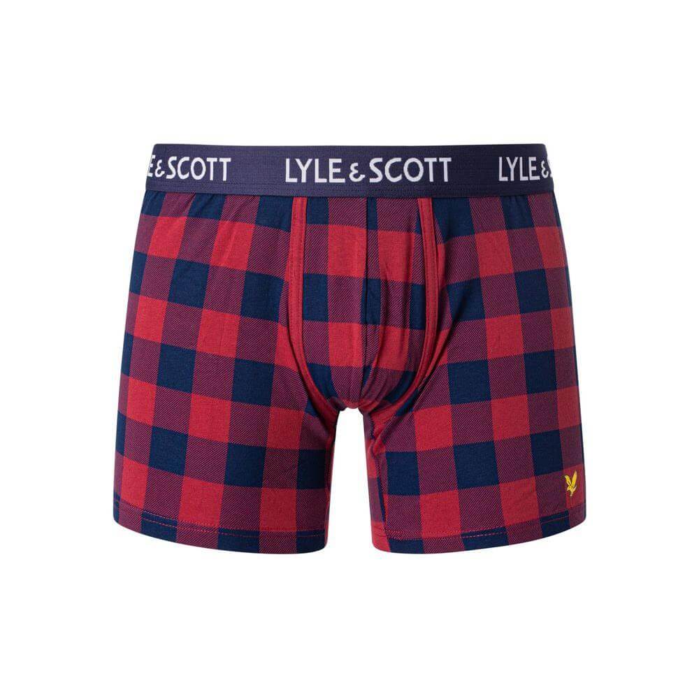 Alt Tag: Lyle & Scott Bordeaux Cotton Men's Boxer, Fall/Winter Collection, Red and Black Plaid Design, 95% Cotton, 5% Elastane