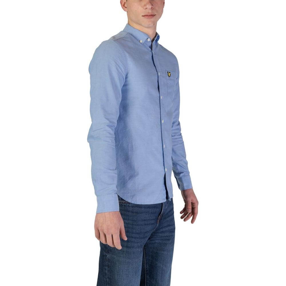 Lyle & Scott men's blue organic cotton long sleeve shirt from the Fall/Winter collection, featuring a button-up design.