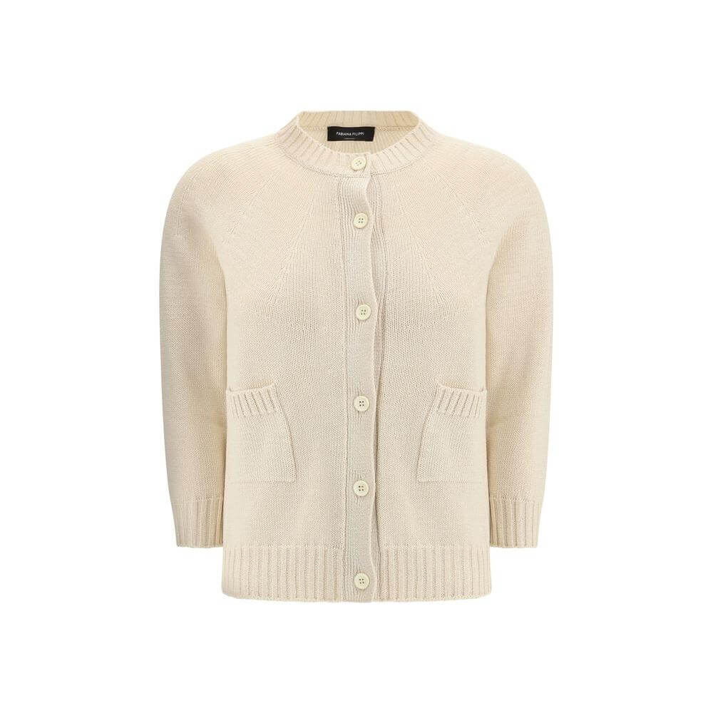 Fabiana Filippi Cotton Cardigan with Ribbed Neck and Cuffs, Front Button Closure, and Two Welt Pockets