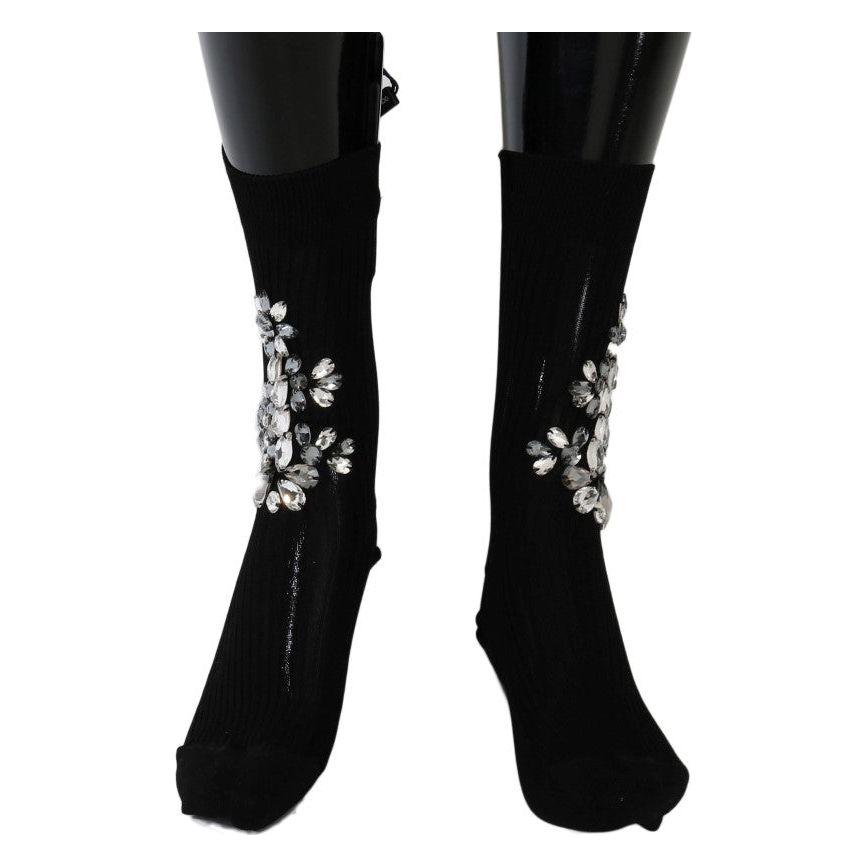Dolce & Gabbana Black Knitted Floral Clear Crystal Socks SCS50-2