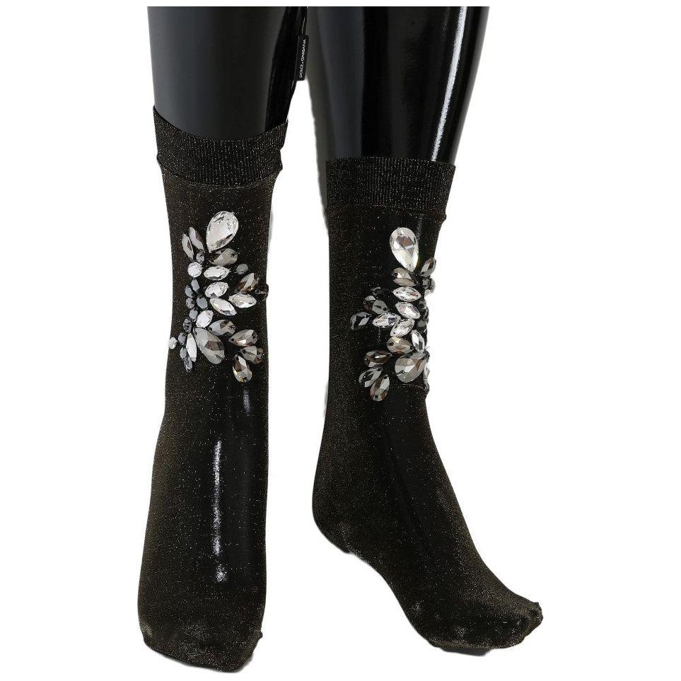 Dolce & Gabbana Black Stretch Floral Clear Crystal Socks SCS57-2