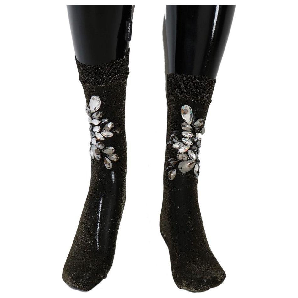Dolce & Gabbana Black Stretch Floral Clear Crystal Socks SCS57-2