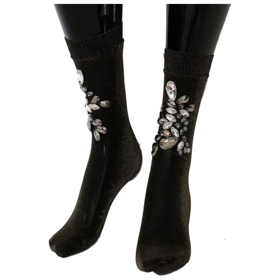 Dolce & Gabbana Black Stretch Floral Clear Crystal Socks SCS57-2