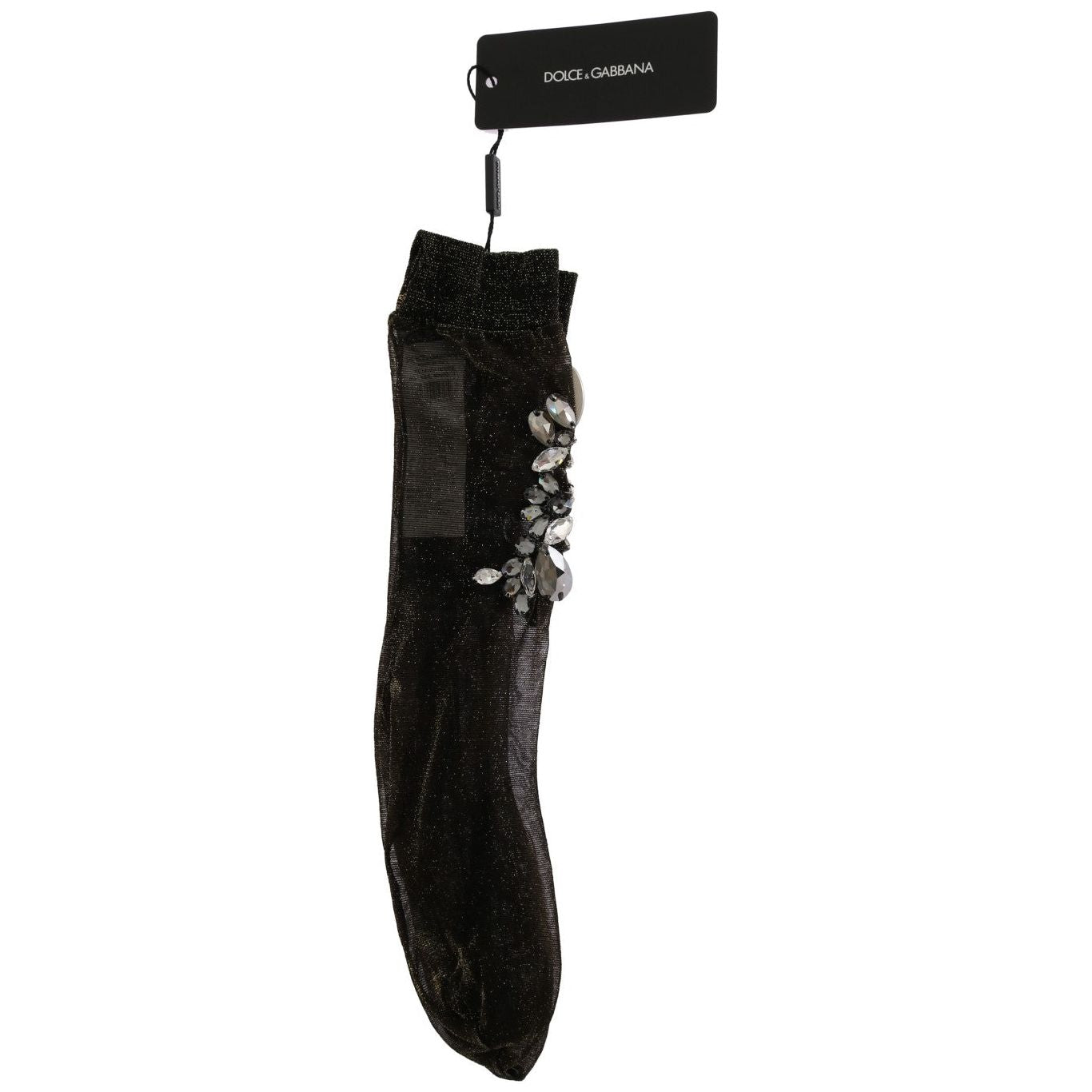 Dolce & Gabbana Black Stretch Floral Clear Crystal Socks SCS57-2