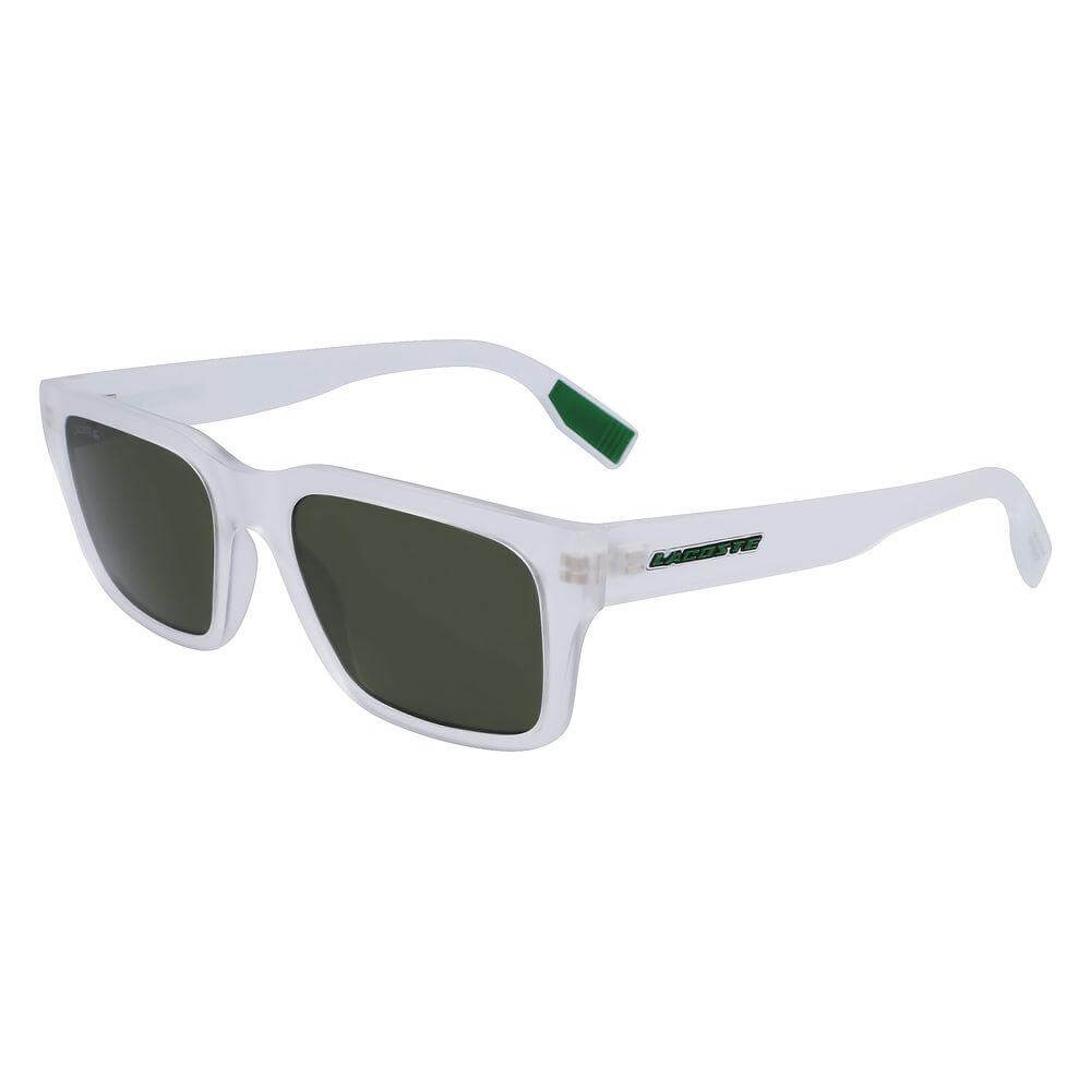 Lacoste transparent injected sunglasses L6004S-970 with green lenses, measuring 55/19/145 mm. Ideal for outdoor wear, Category 3 protection.