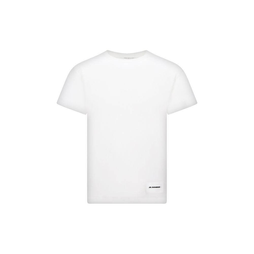 Jil Sander SS T-Shirt in white with ribbed crew neck, monochrome pattern, and brand logo patch on front, part of a 3-pack.