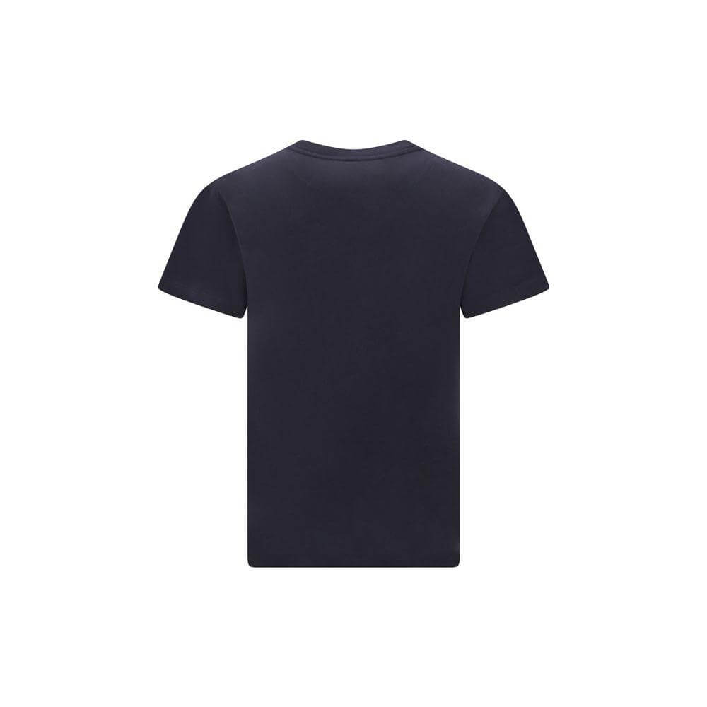 Back view of a Jil Sander SS T-Shirt in black with a ribbed crew neck and monochrome design, featuring a fabric patch with brand logo.