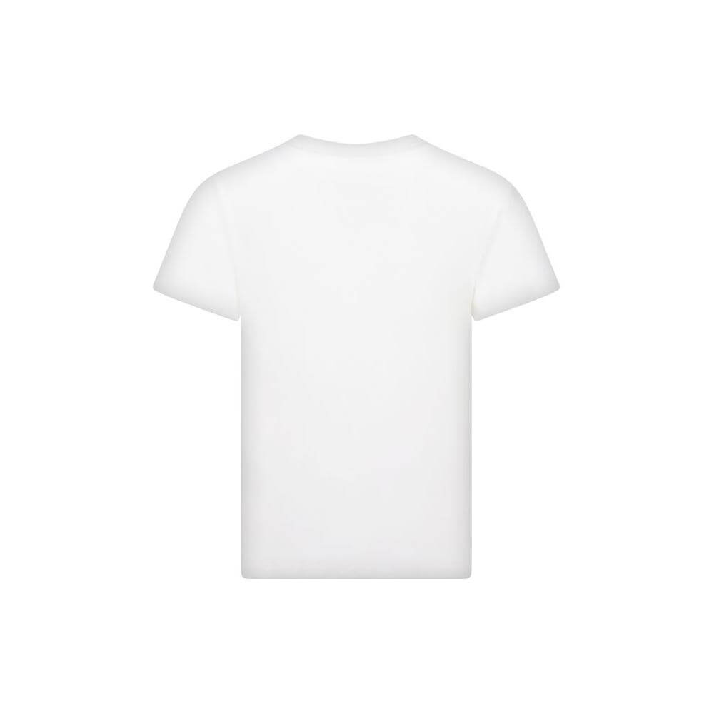 Back view of Jil Sander cotton SS T-Shirt with ribbed crew neck and monochrome pattern. Includes iconic brand logo patch on the front.