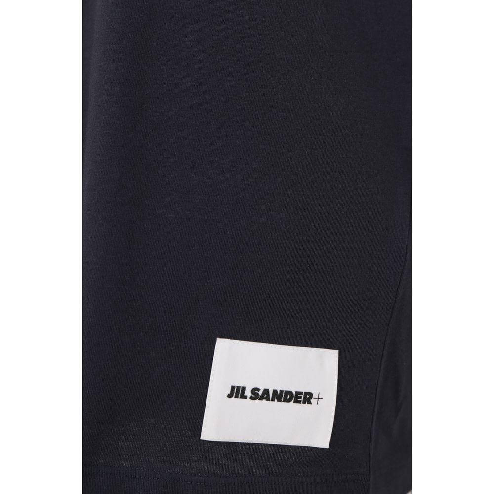 Jil Sander SS T-Shirt with ribbed crew neck and brand logo patch, monochrome pattern, part of a 3-pack set.