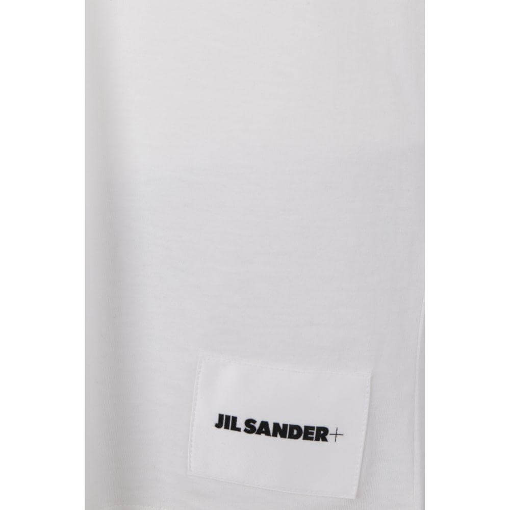 Jil Sander white cotton T-shirt with ribbed crew neck and brand logo patch on front. Monochrome design, pack of 3.