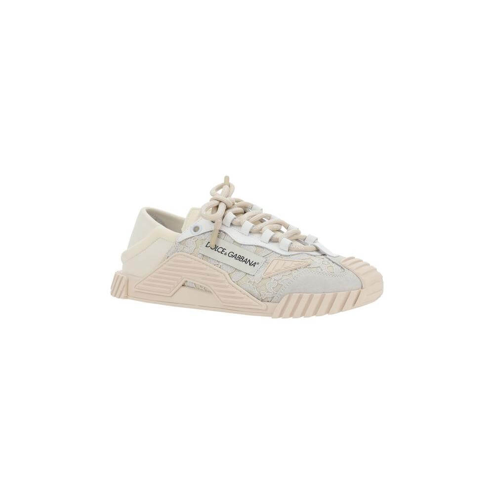 Dolce & Gabbana sneakers with textured rubber sole, lace upper, and logoed laces featuring iconic monogram on side panel, round toe design.