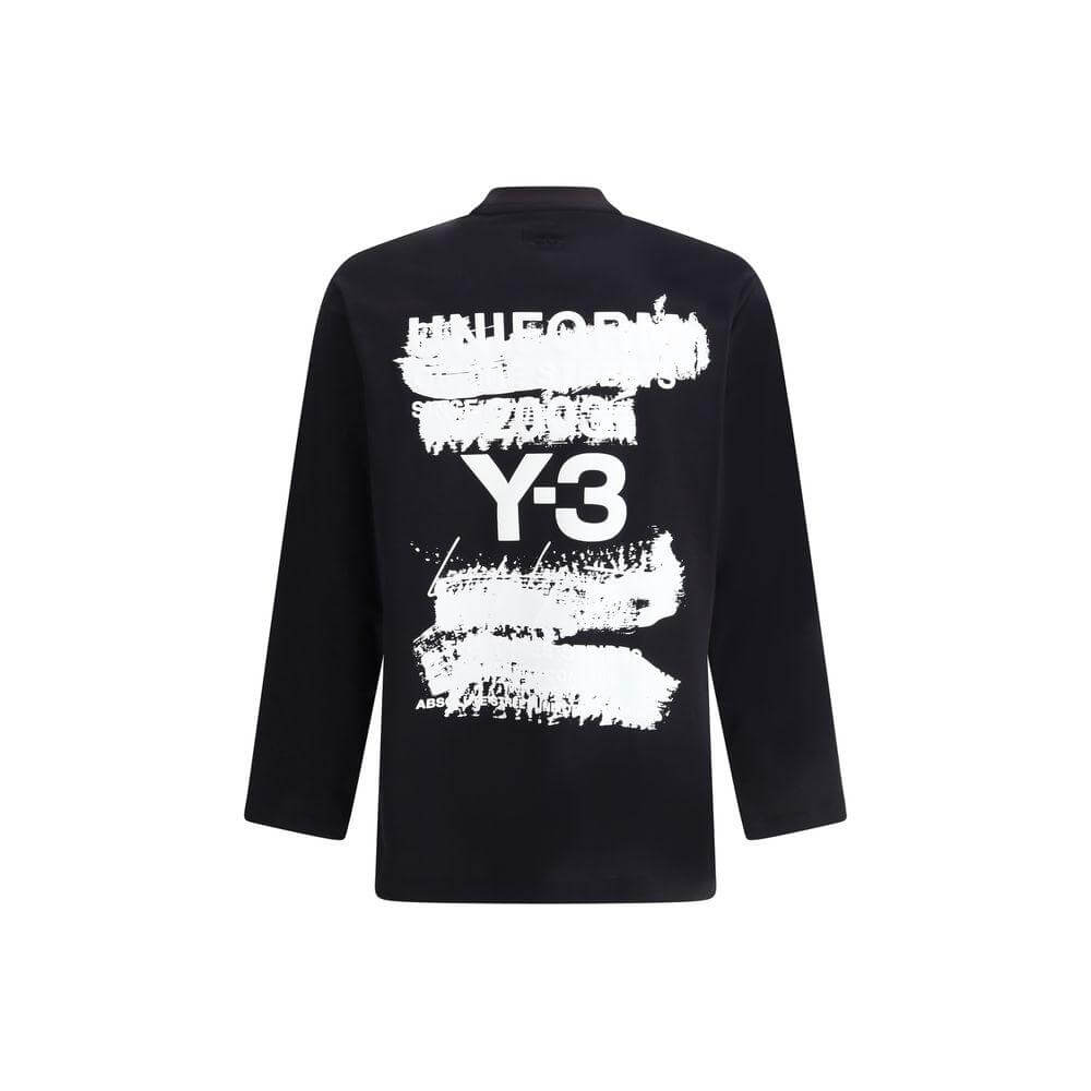 Y-3 long sleeve black jersey with contrasting white maxi print and monogram on back; minimalist modern style for a bold casual look.