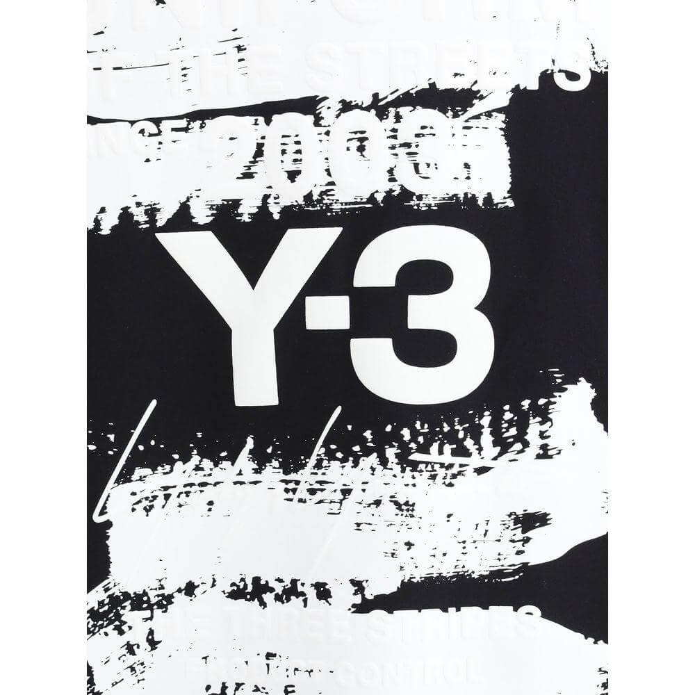 Y-3 Long Sleeve Jersey featuring bold black and white maxi print with iconic monogram, highlighting modern minimalist design.