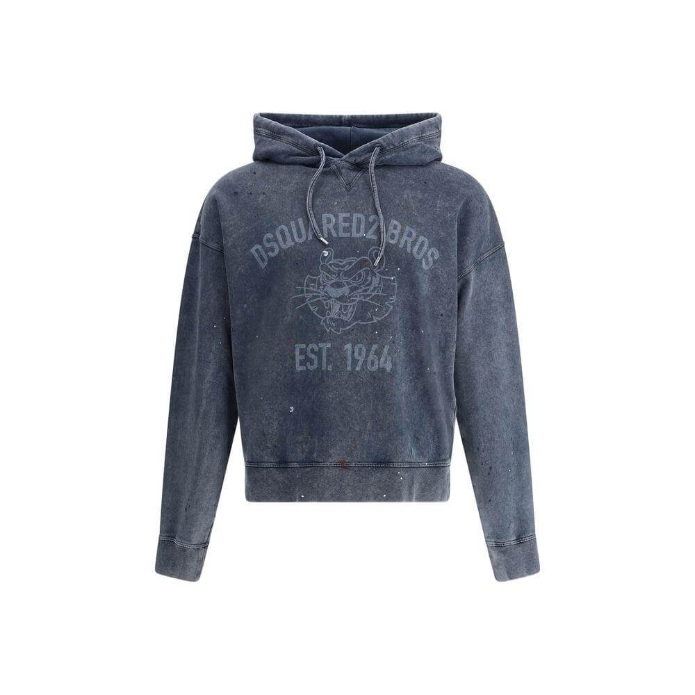 Dsquared² Cypro Hoodie with drawstring hood, ribbed cuffs, and vintage paint-speckled design, featuring iconic brand monogram print.