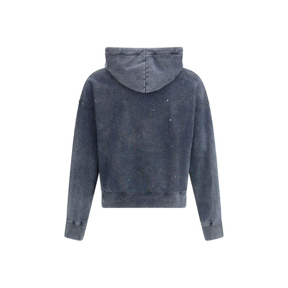 Back view of Dsquared² Cypro Hoodie in vintage design with adjustable drawstring hood and ribbed cuffs, featuring paint-speckled detail.