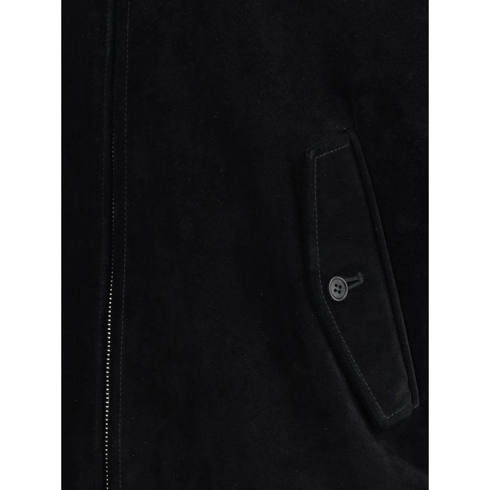 Close-up of suede fabric and button detail on a Prada Bomber Jacket.