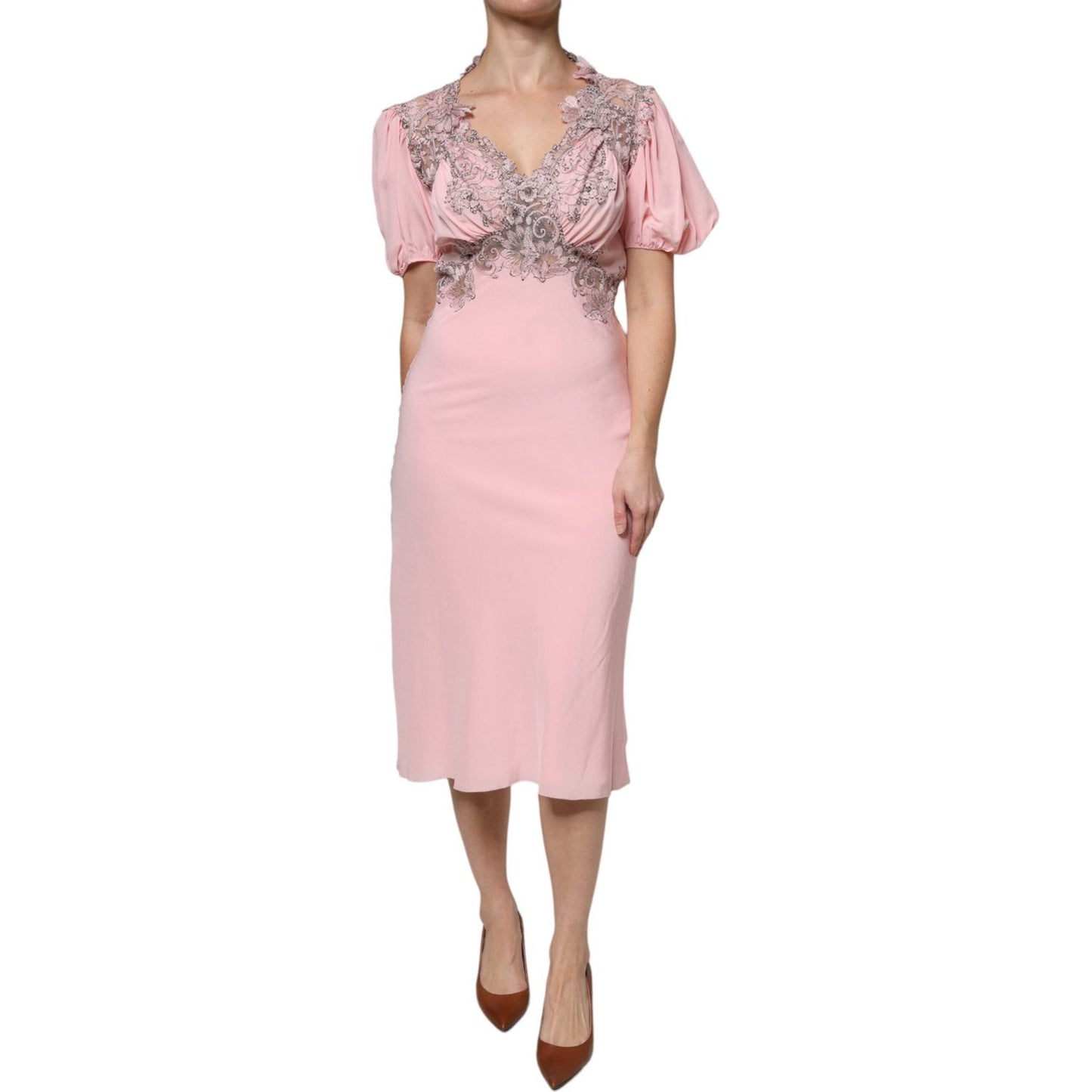 Ermanno Scervino Ermanno Scervino Pink Floral Lace Short Sleeves V-neck Midi Dress DR281383-44 1728,67345645728,Clothing,Dresses - Women - Clothing,Ermanno Scervino,IT44 | L,Material: 100% Silk,New with tags,Pink,Women,Women - Clothing