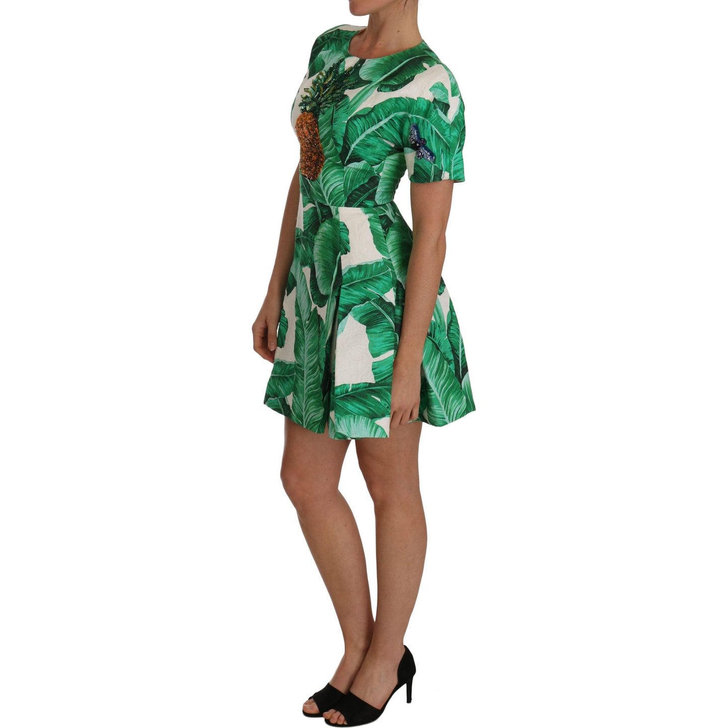 Dolce & Gabbana Elegant Green Banana Leaf Print A-Line Dress Dolce & Gabbana Dark Slate Gray