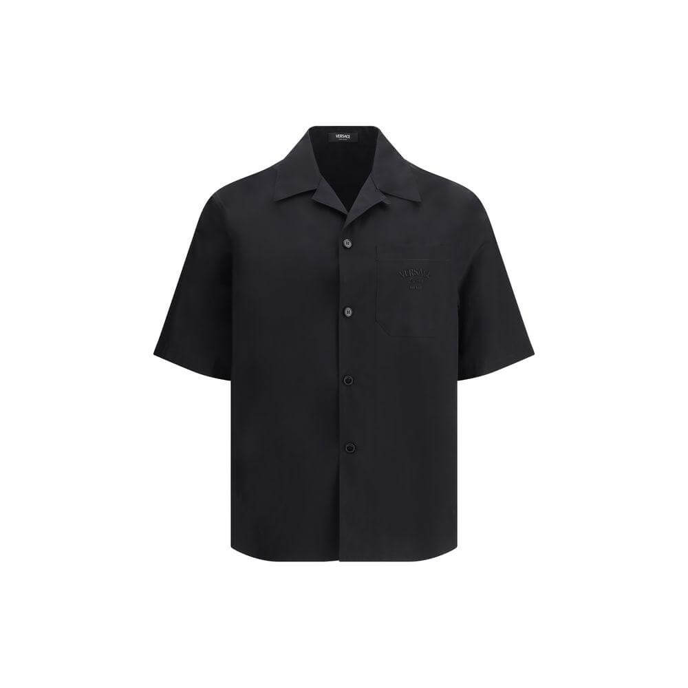Versace Medusa pattern shirt, black cotton short-sleeved, classic collar, summer fashion, iconic style and luxury, front patch pocket.
