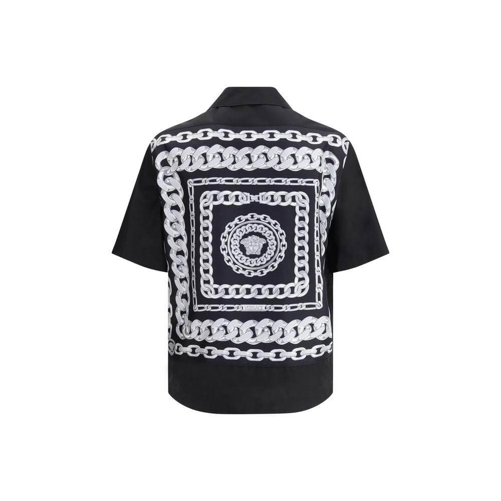 Versace shirt with Medusa pattern and chain design, short-sleeved cotton, classic collar, luxury summer wear, front view back details.