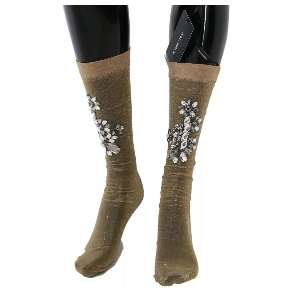 Dolce & Gabbana Gold Stretch Floral Clear Crystal Stocking Socks