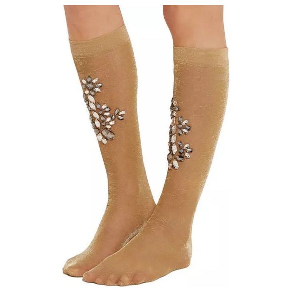 Dolce & Gabbana Gold Stretch Floral Clear Crystal Stocking Socks