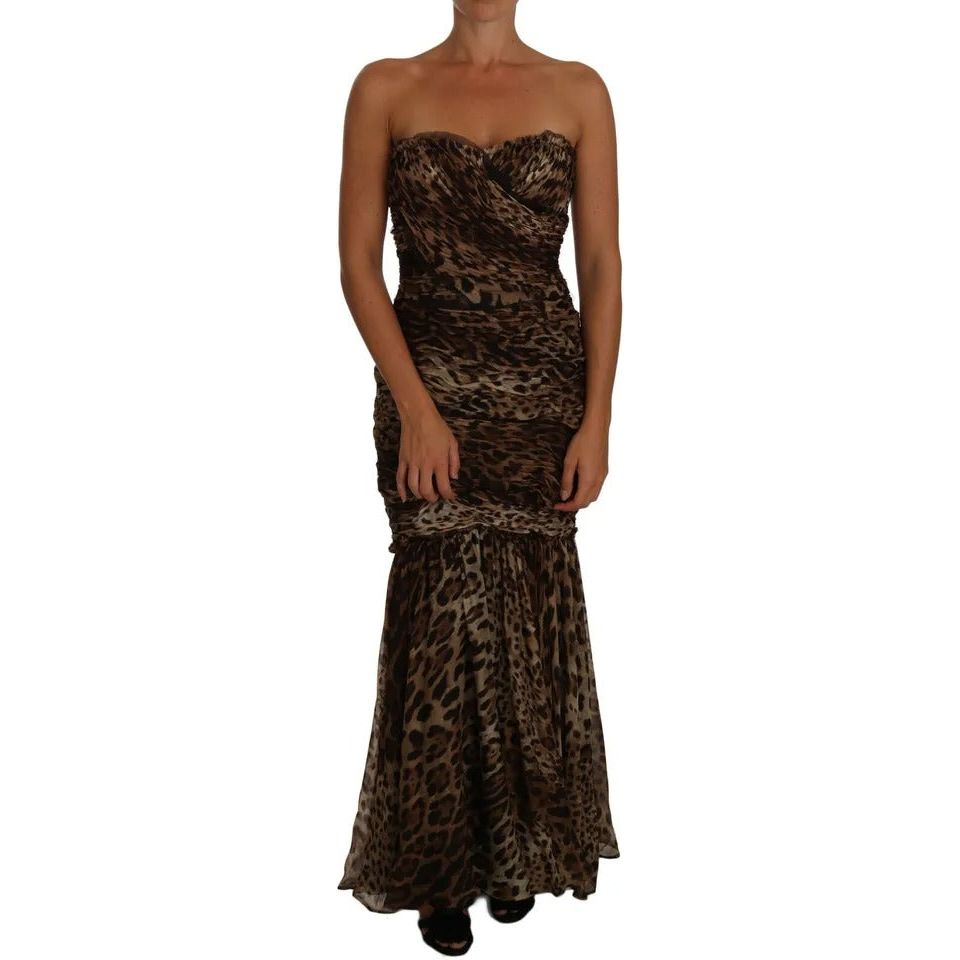 Dolce & Gabbana Brown Leopard Silk Chiffon Ruched Mermaid Maxi Dress