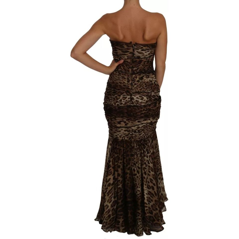 Dolce & Gabbana Brown Leopard Silk Chiffon Ruched Mermaid Maxi Dress