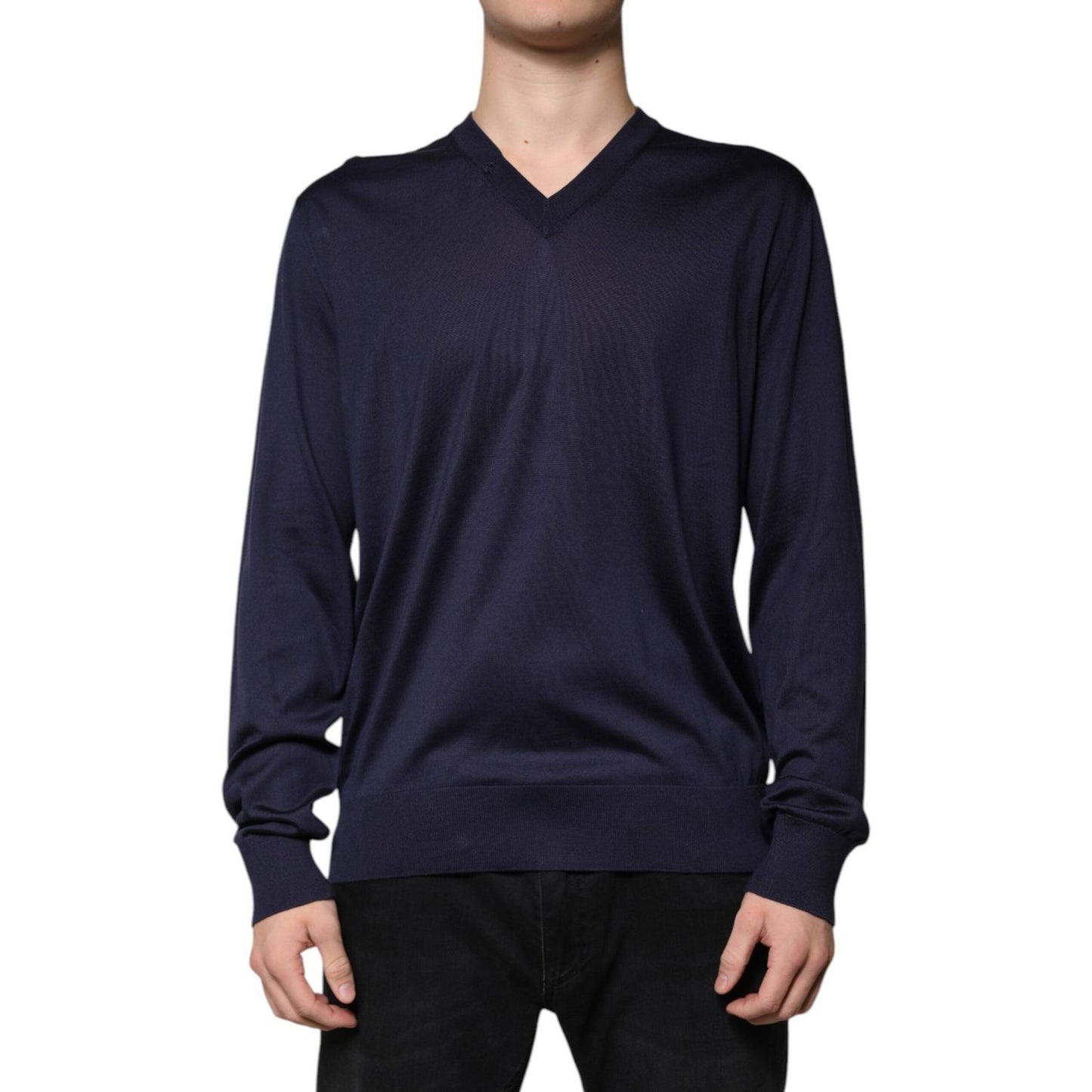 Dolce & Gabbana Navy Blue Silk V-neck Pullover Sweater