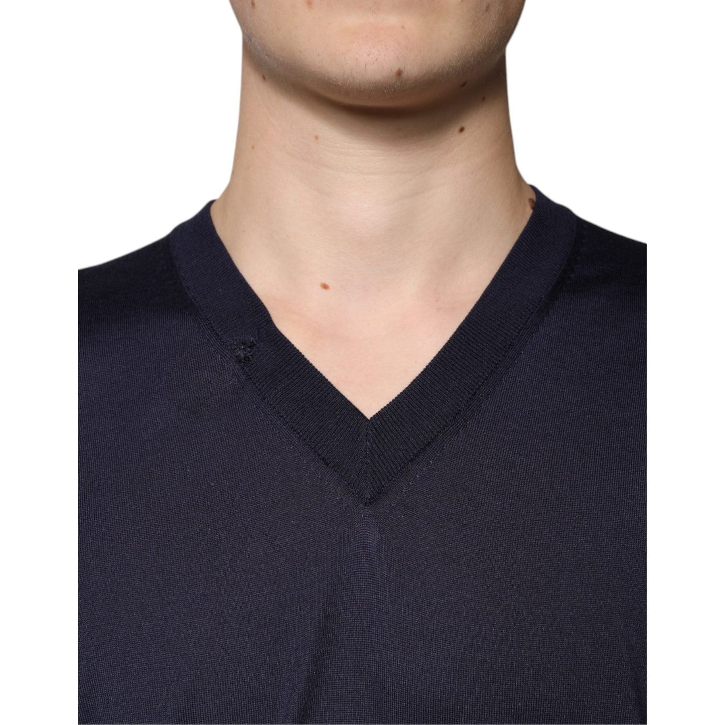Dolce & Gabbana Navy Blue Silk V-neck Pullover Sweater