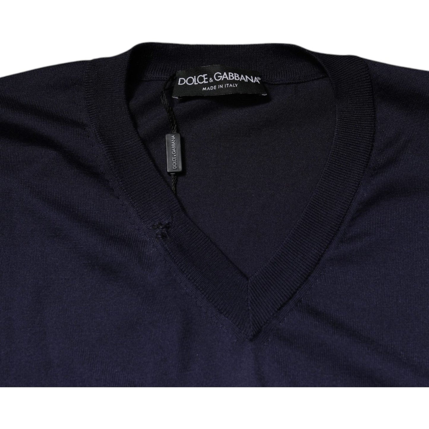 Dolce & Gabbana Navy Blue Silk V-neck Pullover Sweater