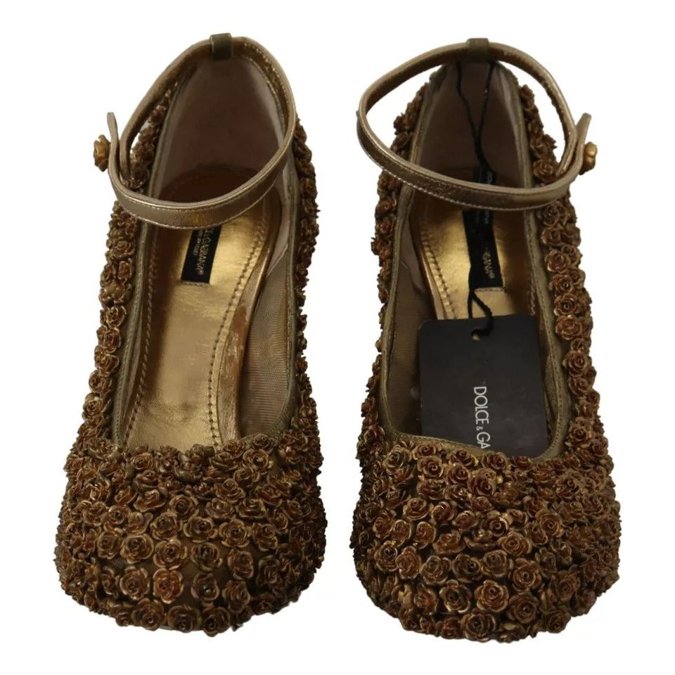 Dolce & Gabbana Gold Roses Embellished Heels Pumps Shoes