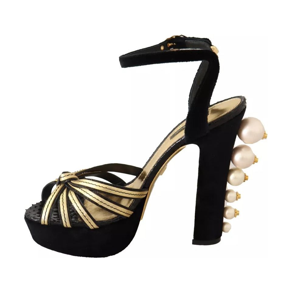 Dolce & Gabbana Black Gold Bianca Faux Pearl Sandals
