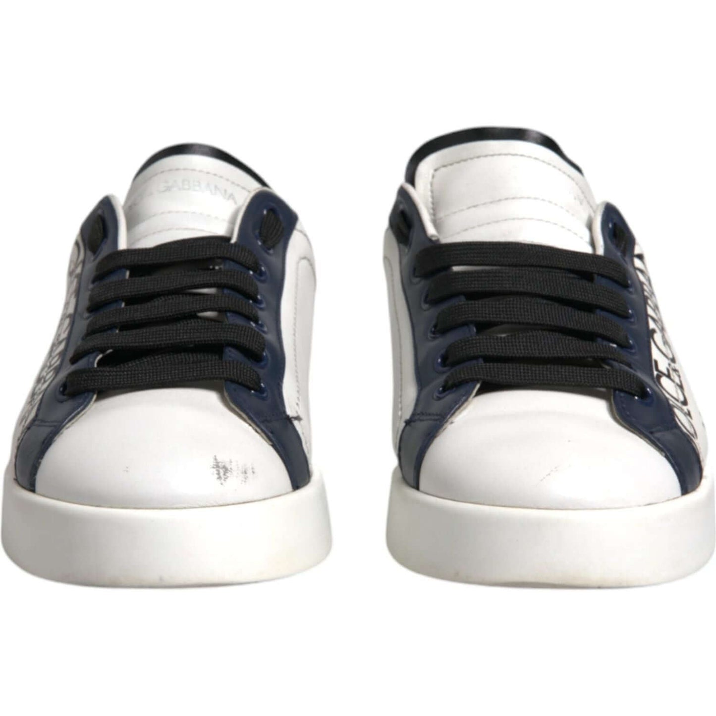 Dolce & Gabbana white blue leather crown sneakers with laces and rubber sole, front view, showing signs of wear, made in Italy.