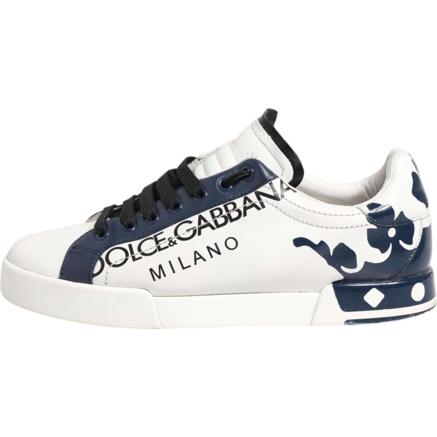 Dolce & Gabbana white and blue leather crown Milano sneakers, pre-owned, with classic lacing and rubber sole, low-top design.